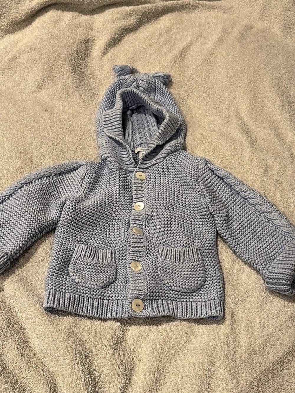 Jacadi Baby Blue Cable Knit Hooded Cardigan 12M Cotton Cashmere Unisex